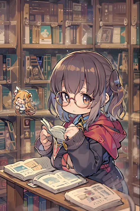 Huge library、1 librarian、One Woman、small round glasses、huge-breasted、Chibi