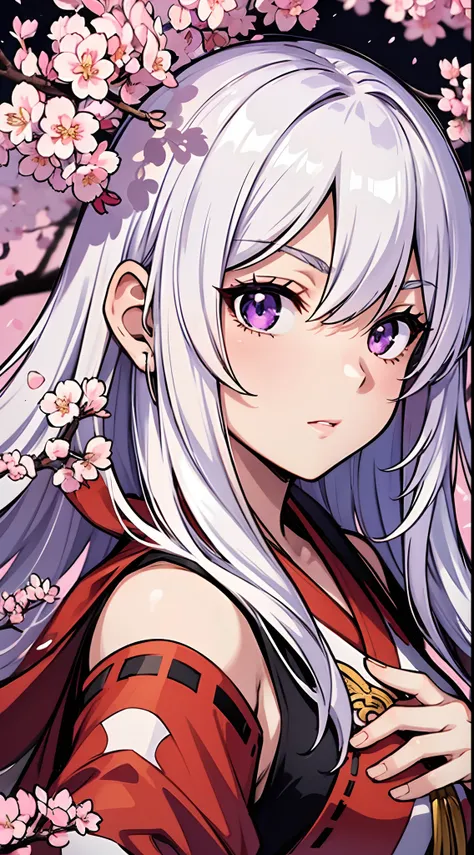 upper body, 1girl, white hair, Long Haired, purple eyes, (Miko), Gohei, big breats, wallpaper, cherry blossom tree background, light particles, Red fire,  (masterpiece), best quality