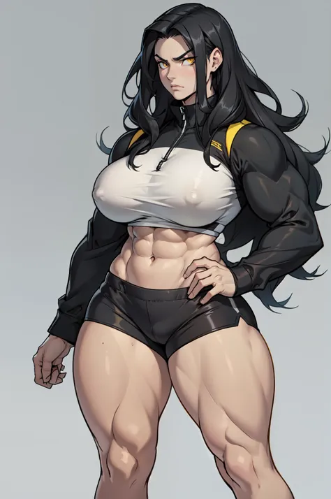 ((grey background)), solo, ((((1 girl)))), very long hair, black hair, angry, yellow eyes, (((((muscular))))), (huge tits), (thick thighs), (wide hips), pale skin, standing, slick hair, long sleeve, bike shorts, abs