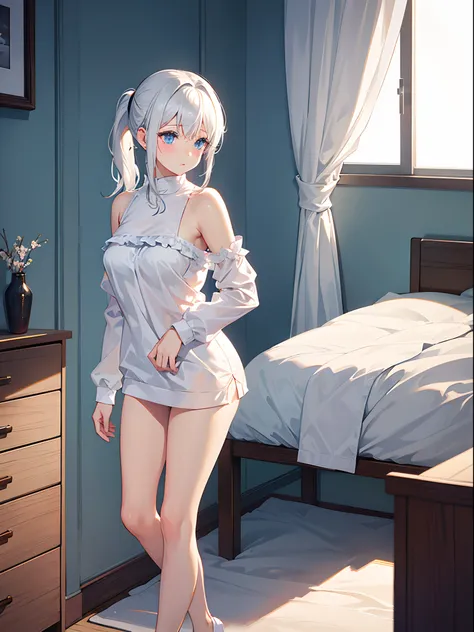 1girl in, Medium White Hair, Beautiful sky blue eyes, Pony tail, Roomwear, in room,   Cute, blush, medium breasts⁩, At night, Underwear is visible