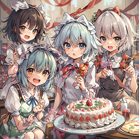 Touhou Projects Marisa Kirisame, Youmu Konpaku, and Fumi Shameimaru are presenting a birthday cake.