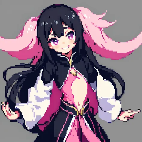 Pixel art, masutepiece, Pix, 1girll, black colored hair, Pink pick dye, Pink eyes, Petite, Small chest, only face,  Smile, grin,  Anime style, Cute, Simple background, greybackground