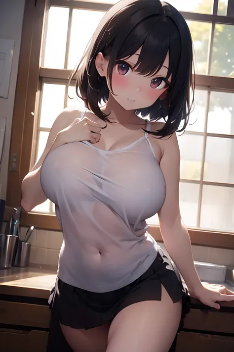 ​masterpiece、ultra-detailliert、top-quality、Perfect limbs、Perfect fingers、Beautiful contrast between light and shadow、super gigantic breast、Beautiful Large Breasts、Camisole、a miniskirt、with blush cheeks、facing the front there