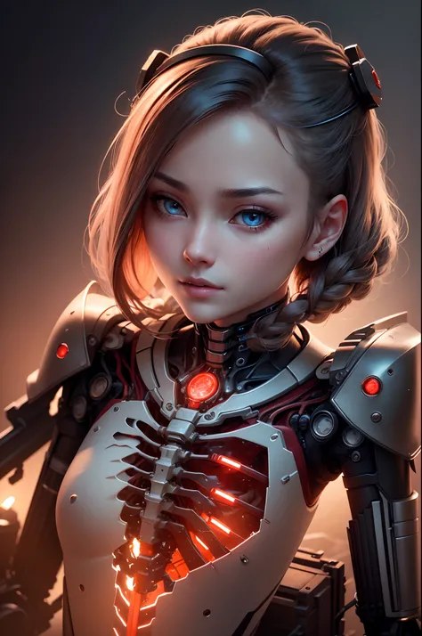 1 Mechanical Lady、((super realistic details))、portlate、globalillumination、Shadow、octan render、8K、ultrasharp、metals、Details of complex ornaments、cold color、American Detail、Precision detail of exposed left arm frame　Internal skeleton frame　highly intricate d...