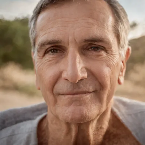 Entre no mundo do fotorrealismo com uma foto alegre  de um homem idoso, seu rosto refletia o peso do tempo. A cena se passa em um ambiente interno tranquilo, com luz artificial suave, em uma sala toda branca , casting soft shadows over the mans weary featu...