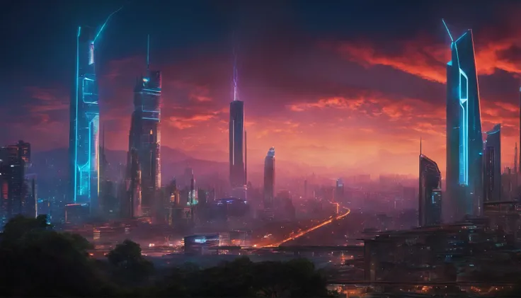 (obra prima) cidade no estilo cyberpunk, illuminated sky, neon light, imagem vista do zero, paisagem ampla, cidade futurista