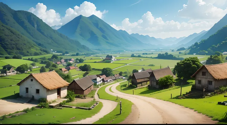 small village, houses, strong sun, extensive corn plantation, happy people