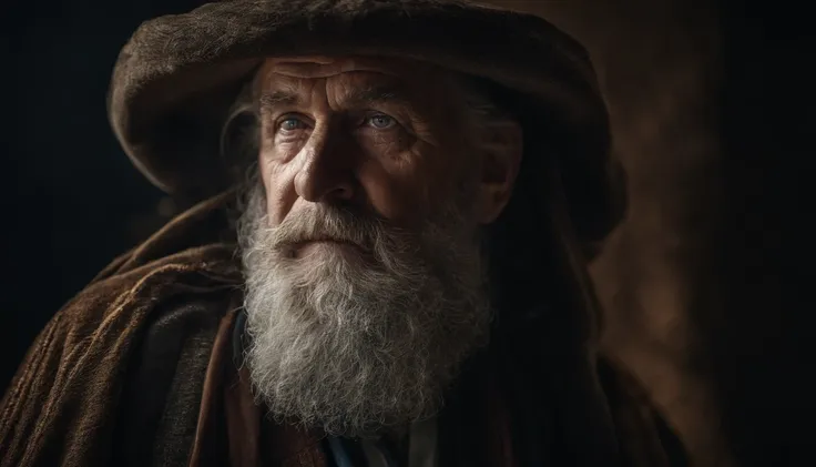 A portrait of a wizard, bearded, wrinkled, weathered, with piercing eyes, detailed face, high details, photography, dark studio, rim light, Nikon D850, 50mm, f/1.4