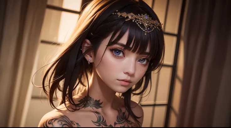 Get ready to be amazed by this creative and detailed prompt, showcasing a real masterpiece of a 20-year-old girl, her smooth skin and colorful tattoos standing out against the cinematic lighting, her beautiful dark eyes drawing you in.