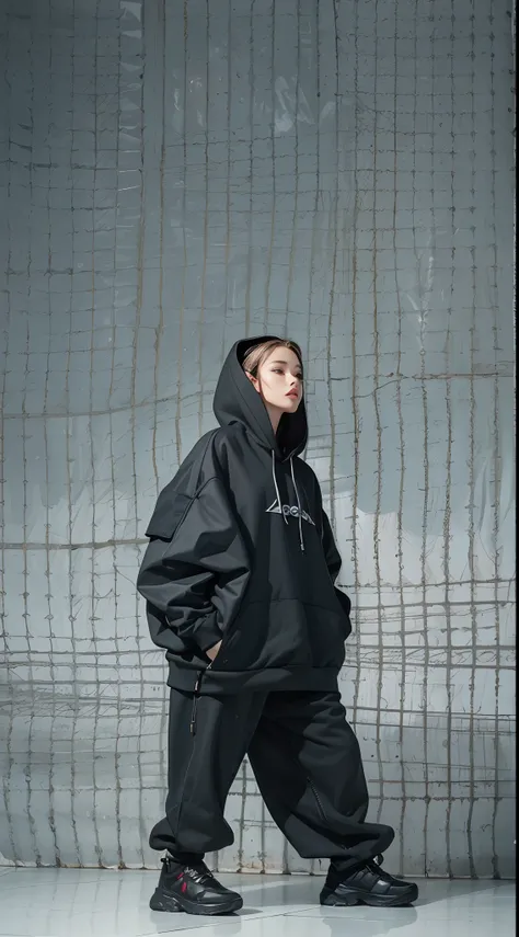 Standing woman wearing a black Balenciaga hoodie, fashion model, oversized hoodie, stunning style, white background, model studio