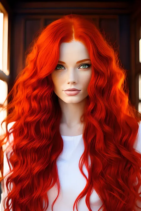 arafed woman with red hair and blue eyes posing for a picture, red hair and attractive features, woman with red hair, flowing red hair, fiery red hair, red haired young woman, long glowing red hair, redhead woman, red glowing hair, soft red hair, vibrant r...