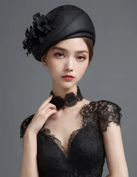 Pretty and very elegant girl wearing a talk cap decorated with big black lace flowers. Her entire face is covered with lace. She wears a loose-fitting black lace cocktail dress that hangs over her shoulders. Her skin is very shiny.
Her arms are folded、The ...