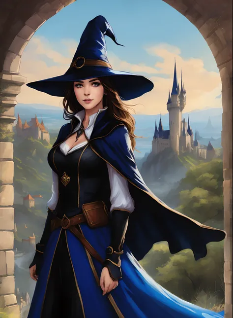 a beautiful wizard, (woman:0.8), brown hair, witch hat, intricate blue mantle, skirt, black stockings, gloves, boots, emotional, (castle:0.5), landscape, fantasy art, comics style, ink painting, multicoloured, highly detailed, behance hd, 4K, oil painting,...