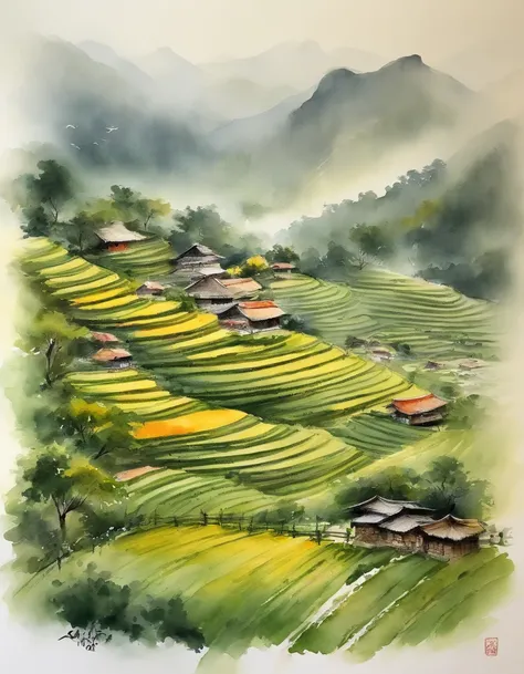 Large expanses of terraced fields, mountains, huts, with rice fields, rice fields, neat rice seedlings in the fields, misty rain, villages, agriculture, in the tranquil landscape, misty weather, in the vast tranquil landscape, in the early morning, in the ...