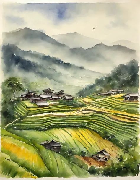 Large expanses of terraced fields, mountains, huts, with rice fields, rice fields, neat rice seedlings in the fields, misty rain, villages, agriculture, in the tranquil landscape, misty weather, in the vast tranquil landscape, in the early morning, in the ...