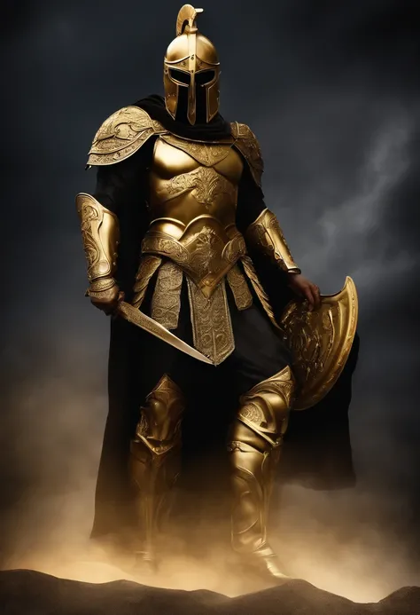 Spartan warrior in golden amour, black background, no face