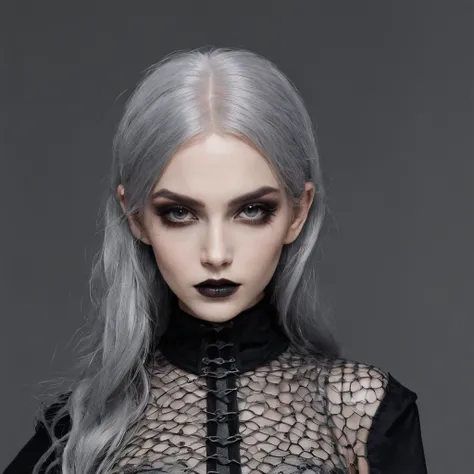 Girl with gothic net symbolic clothes, 。.com (Barbed wire of the body) brunette color hair，Gray hair ends