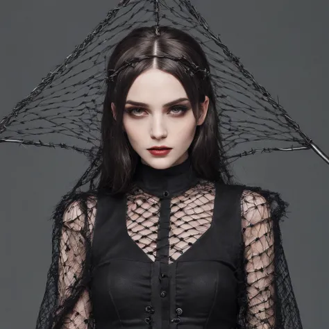 Girl with gothic net symbolic clothes, 。.com (Barbed wire of the body) brunette color hair，Gray hair ends