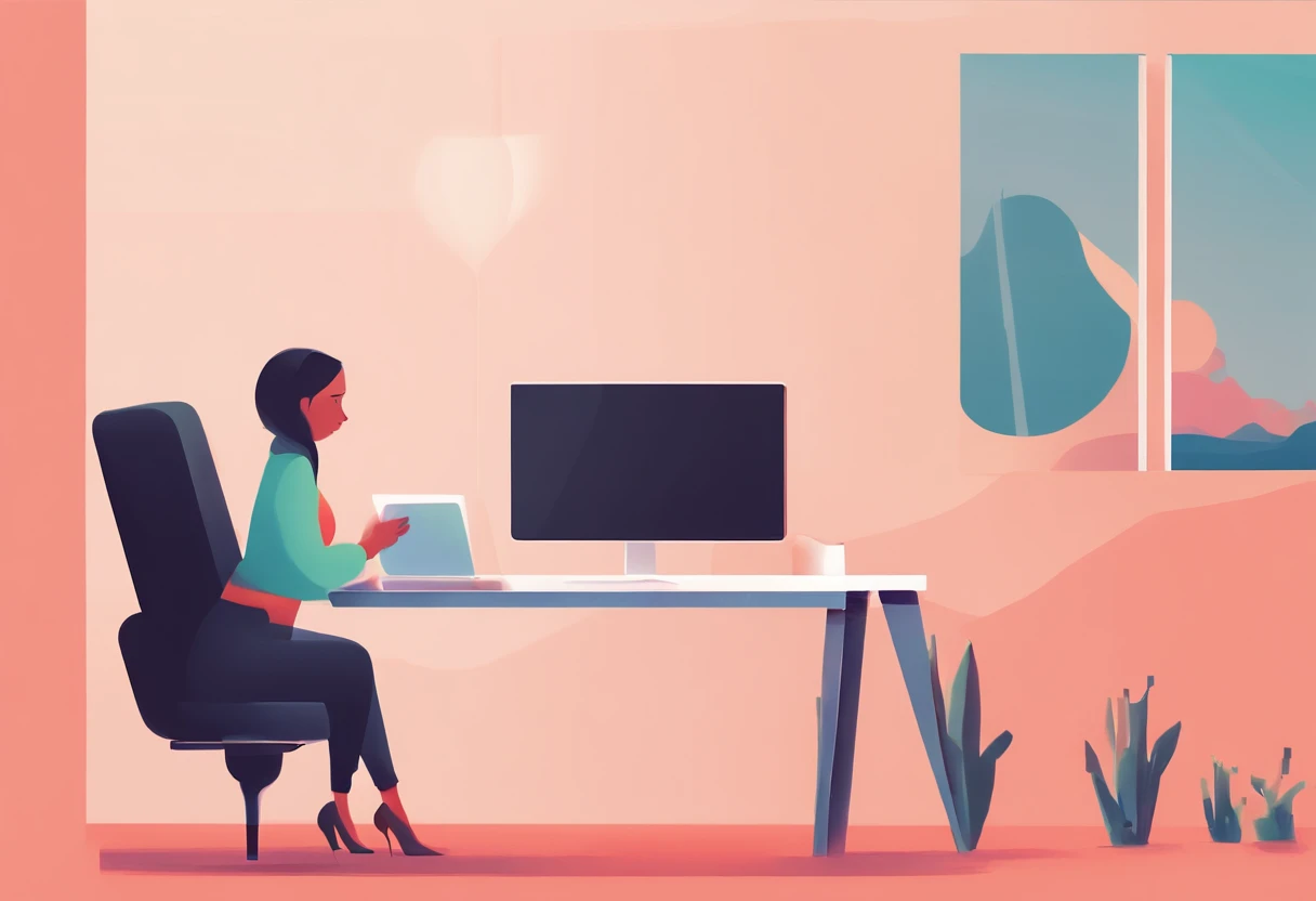 illustration of a woman working on a computer through a room with various objects, editorial illustration pastelcolor, in style of james gilleard, illustration style, james gilleard artwork, flat illustration, in style of digital illustration, magazine ill...