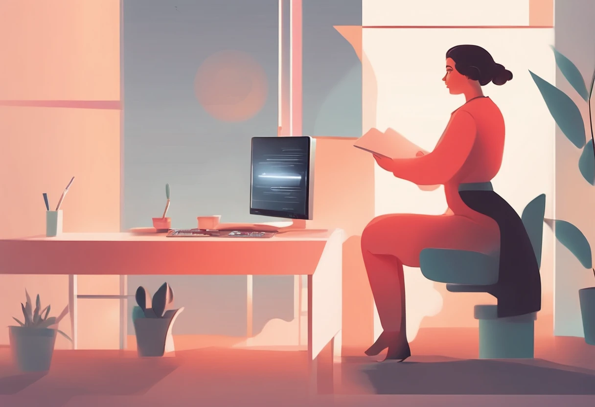 illustration of a woman working on a computer through a room with various objects, editorial illustration pastelcolor, in style of james gilleard, illustration style, james gilleard artwork, flat illustration, in style of digital illustration, magazine ill...