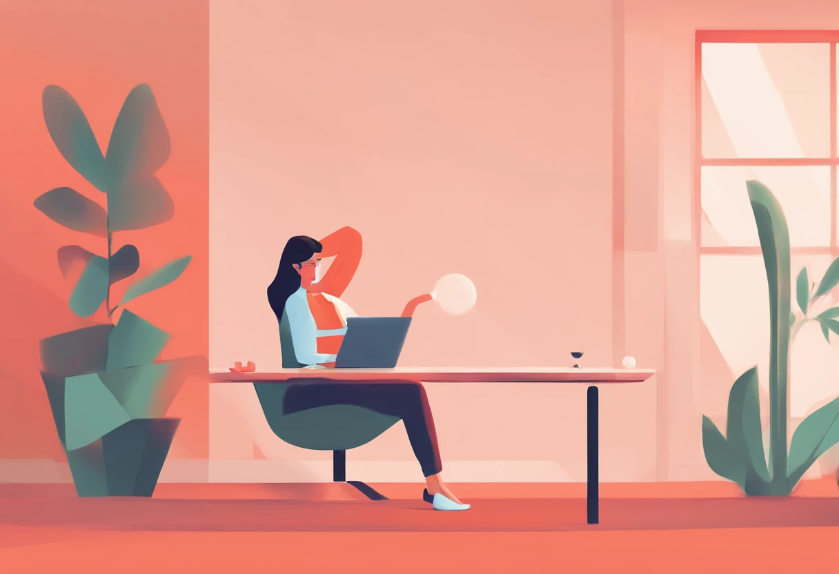 illustration of a woman working on a computer through a room with various objects, editorial illustration pastelcolor, in style of james gilleard, illustration style, james gilleard artwork, flat illustration, in style of digital illustration, magazine ill...