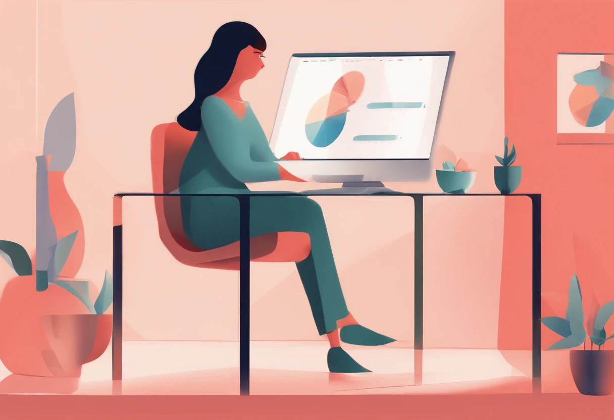 illustration of a woman working on a computer through a room with various objects, editorial illustration pastelcolor, in style of james gilleard, illustration style, james gilleard artwork, flat illustration, in style of digital illustration, magazine ill...