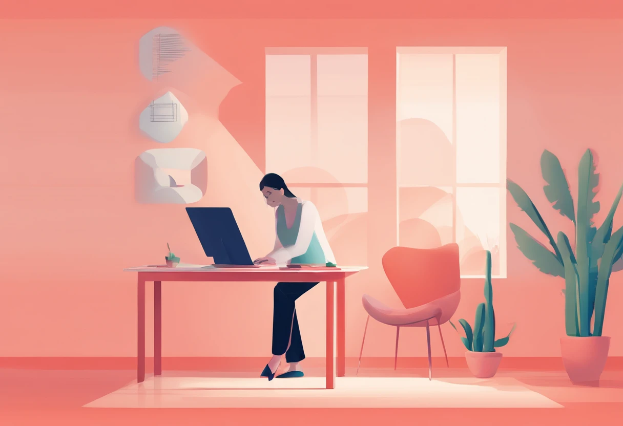 illustration of a woman working on a computer through a room with various objects, editorial illustration pastelcolor, in style of james gilleard, illustration style, james gilleard artwork, flat illustration, in style of digital illustration, magazine ill...