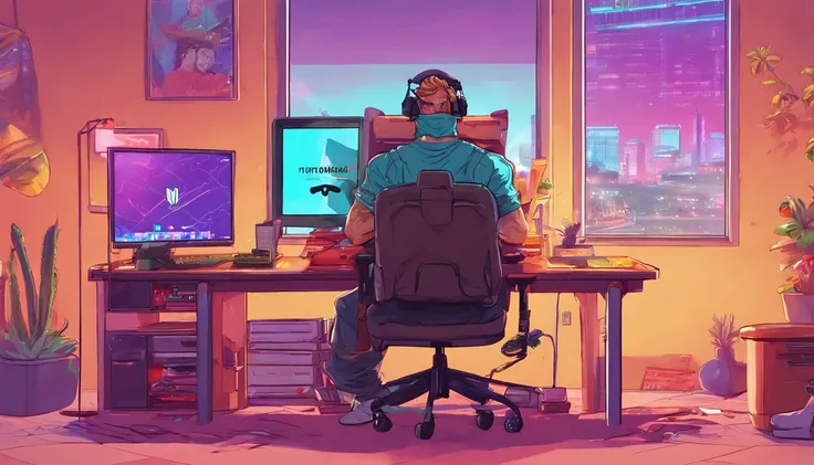 There is a man sitting at a desk with a laptop and a computer, Streamer de Twitch / Jugador Ludwig, Arte conceptual como Ernest Khalimov, anton fadeev 8 k, Estilo e-Sport, realistic artistic style, rossdraws global illumination, WLOP y Andrei Riabovitchev,...