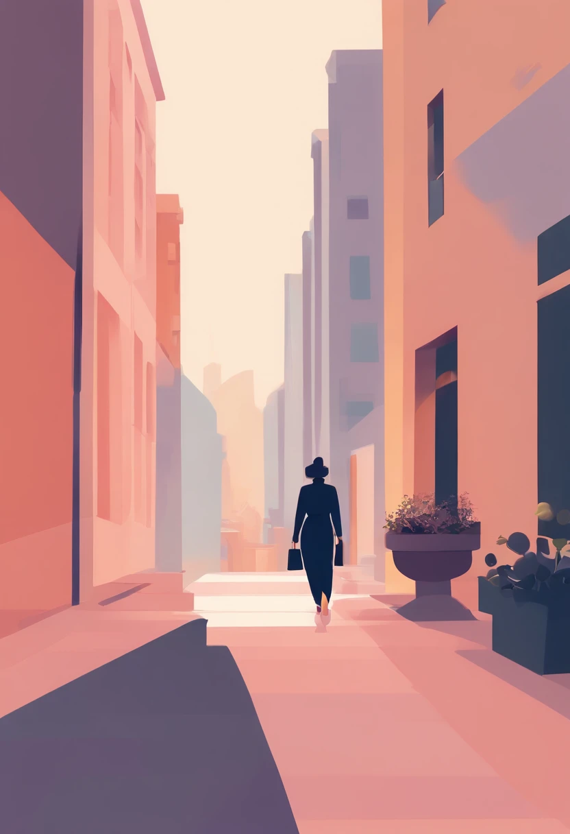 illustration of a woman walking through a city with various objects, editorial illustration pastelcolor, in style of james gilleard, illustration style, james gilleard artwork, flat illustration, in style of digital illustration, magazine illustrations, ed...