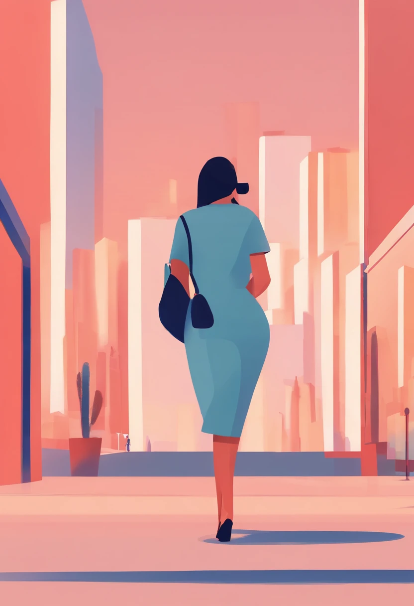 illustration of a woman walking through a city with various objects, editorial illustration pastelcolor, in style of james gilleard, illustration style, james gilleard artwork, flat illustration, in style of digital illustration, magazine illustrations, ed...