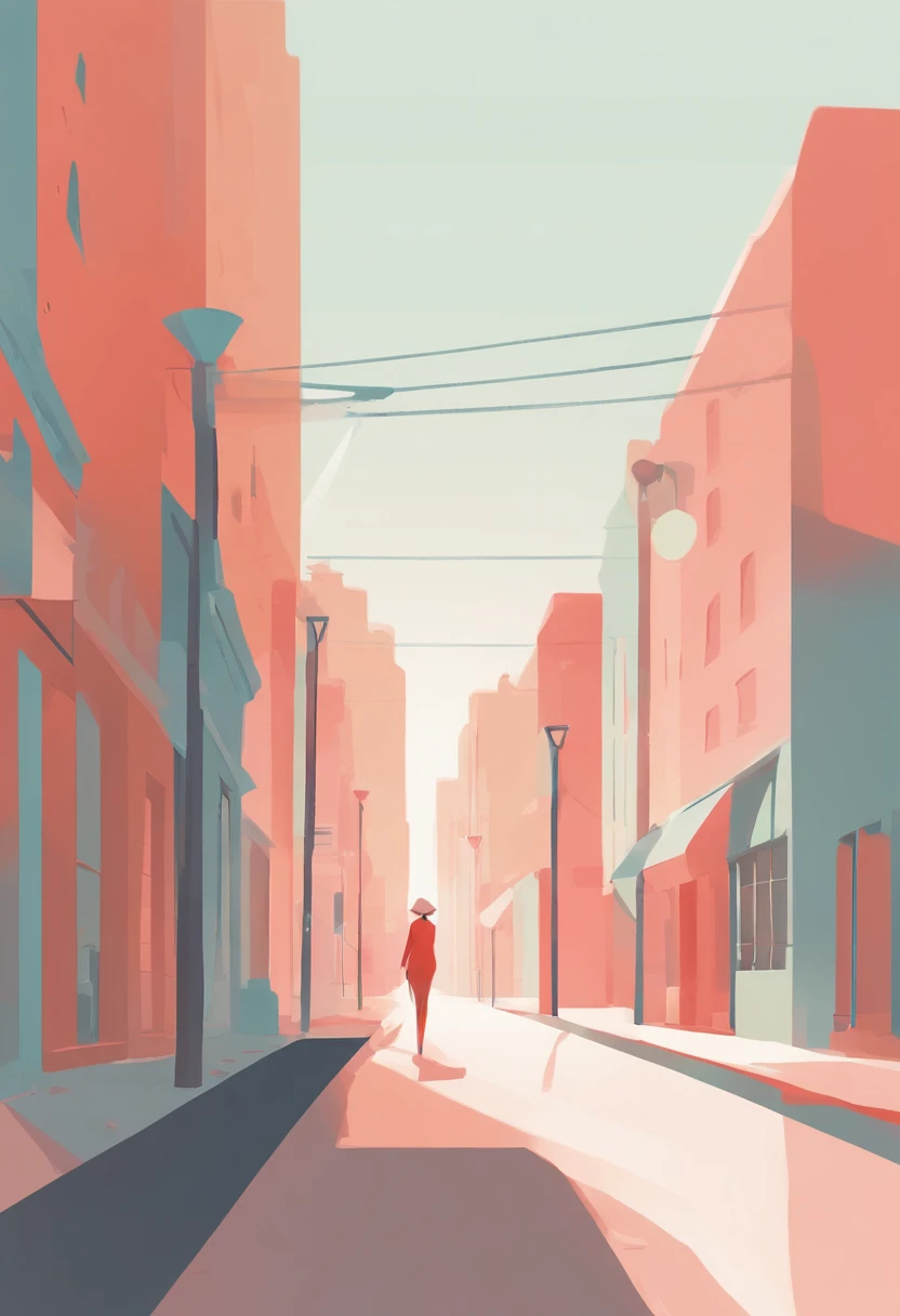 illustration of a woman walking through a city with various objects, editorial illustration pastelcolor, in style of james gilleard, illustration style, james gilleard artwork, flat illustration, in style of digital illustration, magazine illustrations, ed...