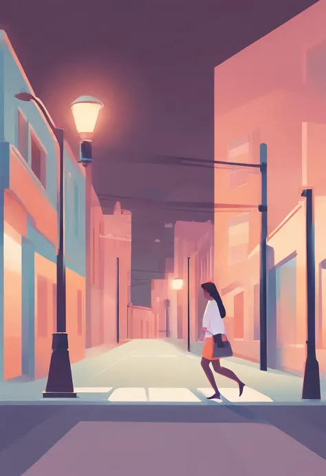 illustration of a woman walking through a city with various objects, editorial illustration pastelcolor, in style of james gilleard, illustration style, james gilleard artwork, flat illustration, in style of digital illustration, magazine illustrations, ed...