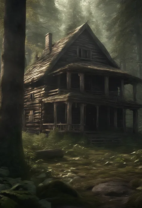 Realistic image of a deep ancient forest, with an old and abandoned cabin that is really old. Mysterious lighting, 8k, UHD, hyper detail. Emphasize details that the forest is almost haunted and the cabin is eerie.  Realistic. Creepy pasta.