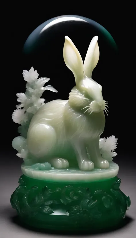 giant Intricate white marble hare,jade base,full moon,jade rabbit made up of Hotan Jade,crystal clear jade carving,Rabbit feathers are clearly visible,(white background,blank background,moonlight:1.45),