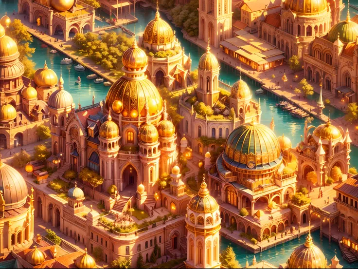 best quality,4k,8k,highres,masterpiece:1.2,ultra-detailed,realistic:1.37,ultra wide angle aerial view, aerial shot,aerial perspective, fantasy golden city, golden architecture, golden cityscape, pure gold houses and castle, shimmering buildings, majestic g...