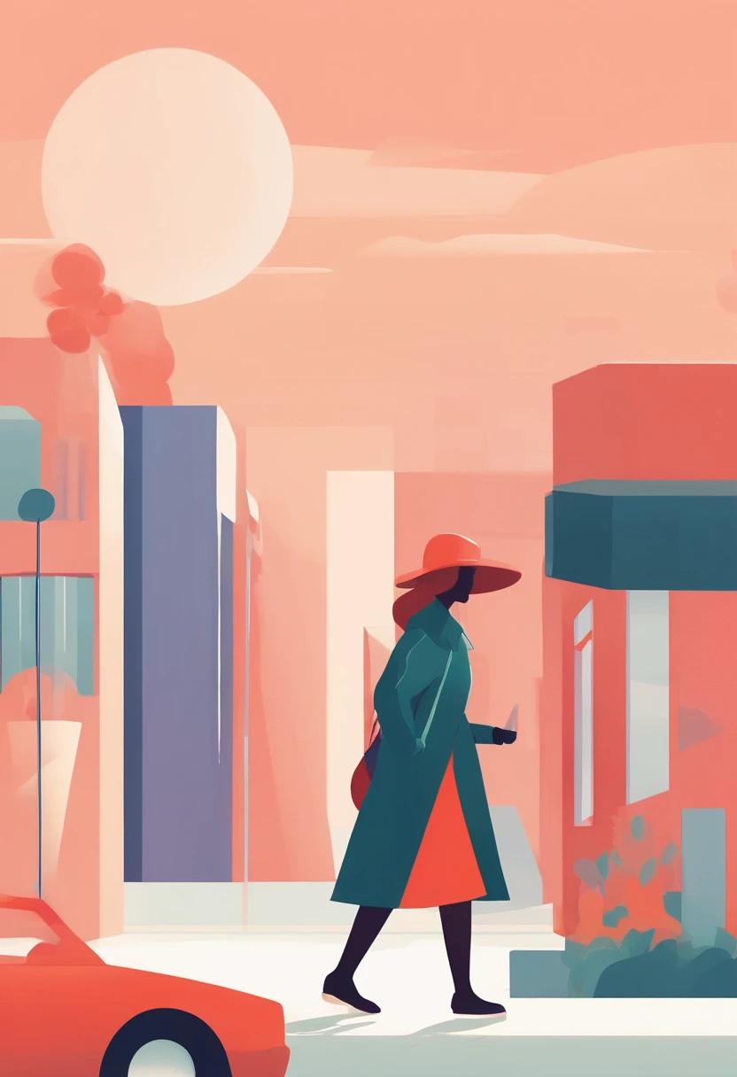 illustration of a woman walking through a city with various objects, editorial illustration vividcolor, in style of james gilleard, illustration style, james gilleard artwork, flat illustration, in style of digital illustration, magazine illustrations, edi...