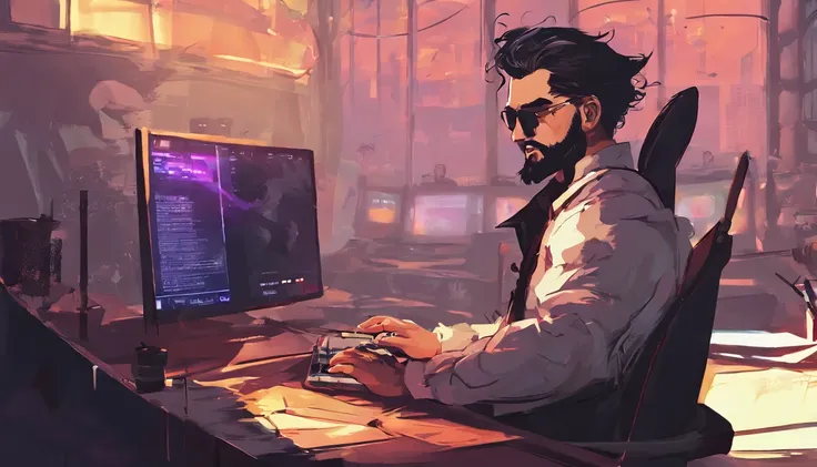 There is a man sitting at a desk with a laptop and a computer, Streamer de Twitch / Jugador Ludwig, Arte conceptual como Ernest Khalimov, anton fadeev 8 k, Estilo e-Sport, realistic artistic style, rossdraws global illumination, WLOP y Andrei Riabovitchev,...