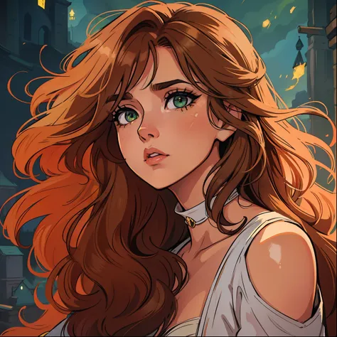 Uma bela mulher de olhos verdes e cabelos castanhos longo ondulado (brown hair) (Detailed strokes) Princess eyes Sexy curvy eyelashes A library background Expressive drama with a look of concern Art for an RPG A medieval art for an RPG