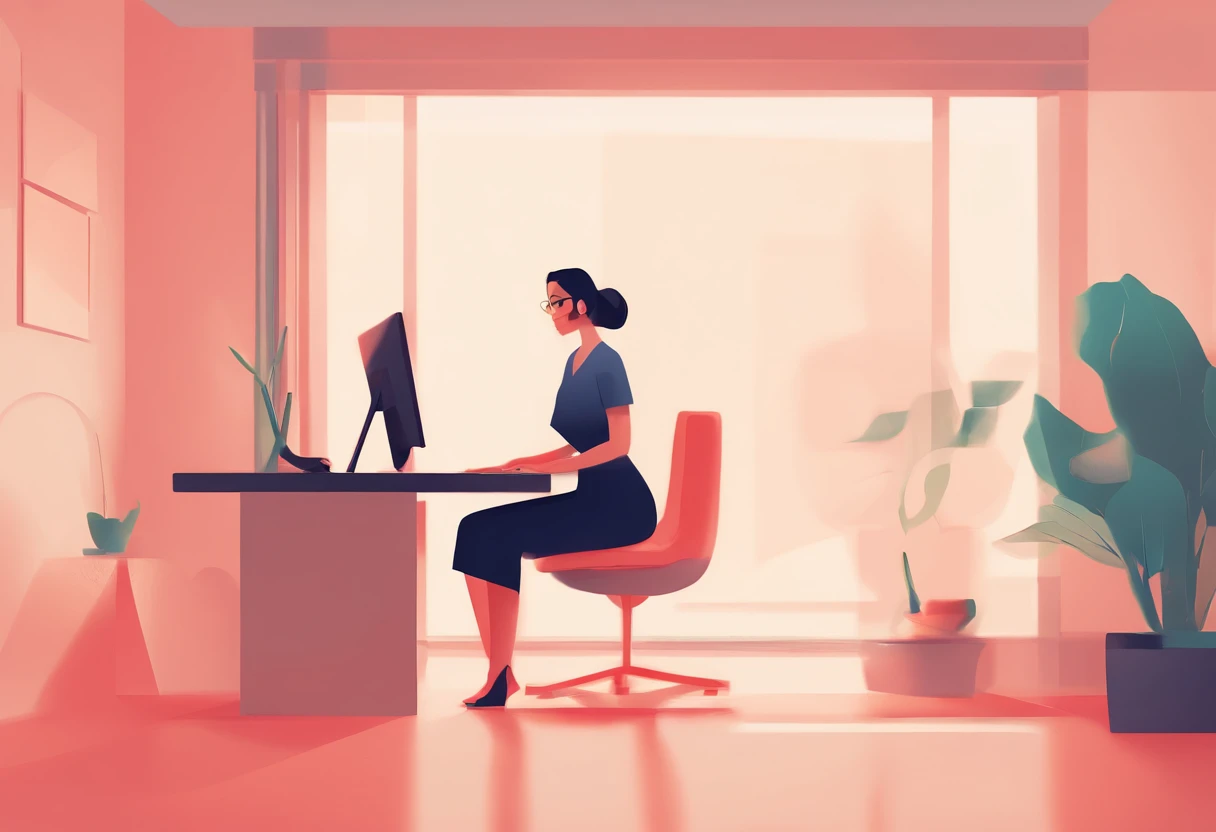 illustration of a woman working on a computer through a room with various objects, editorial illustration vividlcolor, in style of james gilleard, illustration style, james gilleard artwork, flat illustration, in style of digital illustration, magazine ill...