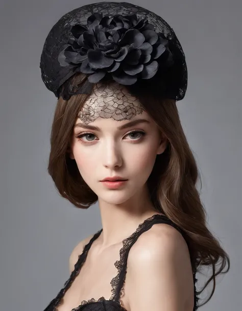 Pretty and very elegant girl wearing a talk cap decorated with big black lace flowers. Her entire face is covered with lace. She wears a loose-fitting black lace cocktail dress that hangs over her shoulders. Her skin is very shiny. The background is beauti...