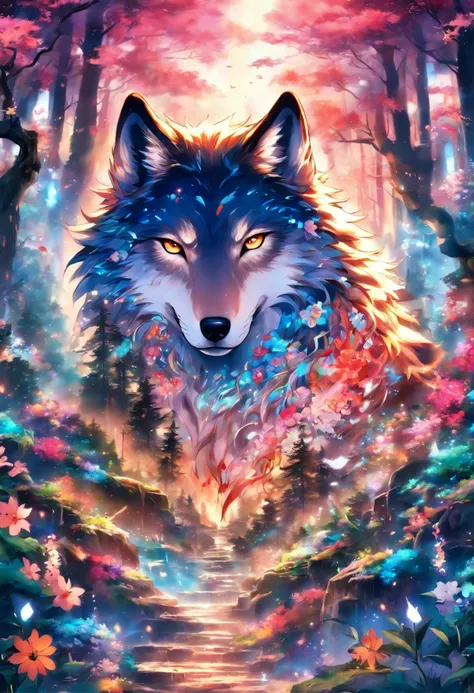 The most beautiful and enchanted wolf spirit, cabelos brancos, olhos azuis brilhantes, toneladas de tatuagens e piercings, na mais bela floresta encantada, Graffiti e elementos Kanji no fundo, flores de cerejeira soprando ao vento, altamente detalhado, Obr...