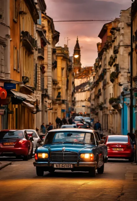 A lively dialogue,A colorful sky,des voitures qui passent rapidement,sentiment de vitesse,Ethnic diversity,Crowded crossing,bris de vitres,chaos au bord de la route,Lively street,mouvement constant,Urban scene,effervescence de la vie citadine,Electric atmo...