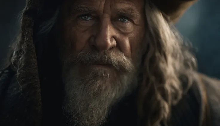 A portrait of a wizard, bearded, wrinkled, weathered, with piercing eyes, detailed face, high details, photography, dark studio, rim light, Nikon D850, 50mm, f/1.4