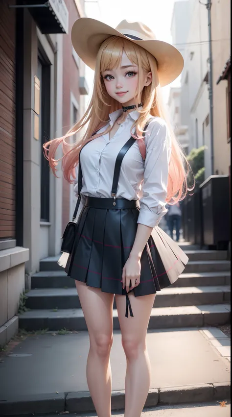 1 Anime Girl, Marin kitagawa with smooth blonde hair with an ombré transition to pinkish-red or citrus orange at the tips and reaching down to her waist in the rear, Bangs cover a majority of her forehead and eyebrows, reaching to her eyelashes; two locks ...