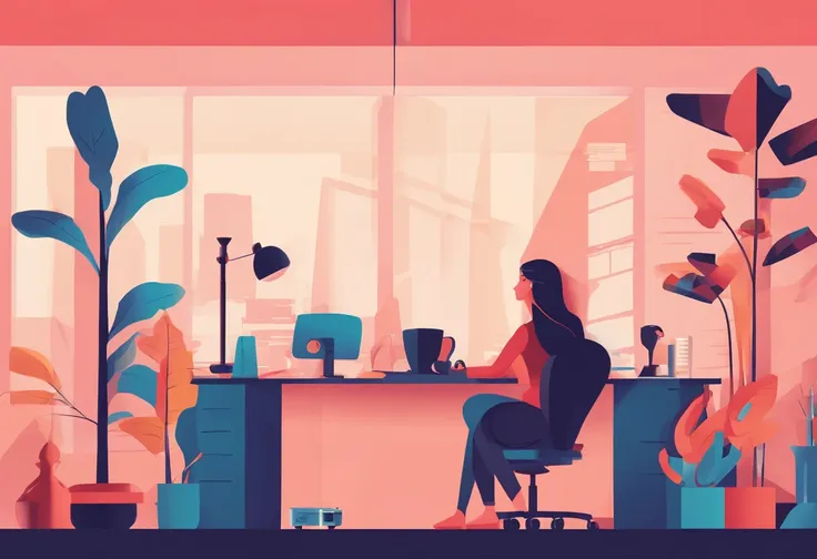 illustration of a woman working on a computer through a room with various objects, editorial illustration vividlcolor, in style of james gilleard, illustration style, james gilleard artwork, flat illustration, in style of digital illustration, magazine ill...