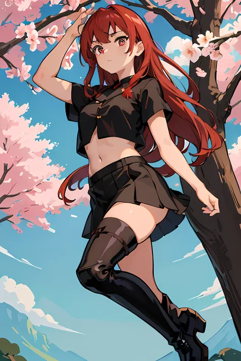 (best quality, masterpiece), official art, illustration, ligne claire, highres, absurdres, ultra-detailed, 8k, cel shading, 1girl, long red hair, forest, spring, sakura, leafs, tree, river, white crop top, cutout above navel, black skirts, black belt, brow...