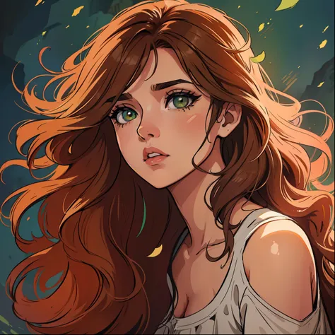 Uma bela mulher de olhos verdes e cabelos castanhos longo ondulado (brown hair) (Detailed strokes) Princess eyes Sexy curvy eyelashes A library background Expressive drama with a look of concern Art for an RPG A medieval art for an RPG