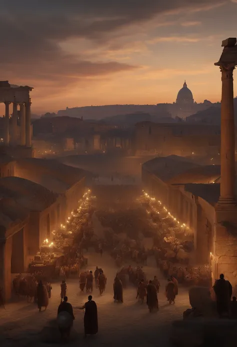 busy market in ancient roman city. sunset. historic rome. 1st century. praetorians in distance. guerreiro spartacus, (((coliseum)), Cartoon, gladiator, give it a dark tone grey tone, grey in colour ,