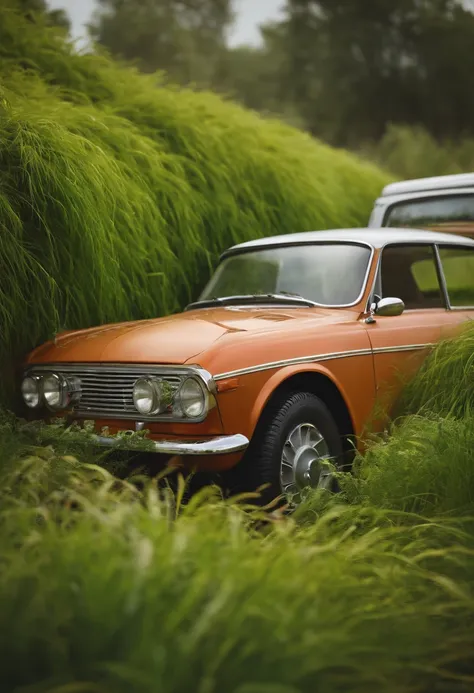 create a car with grass and plants growing all over it