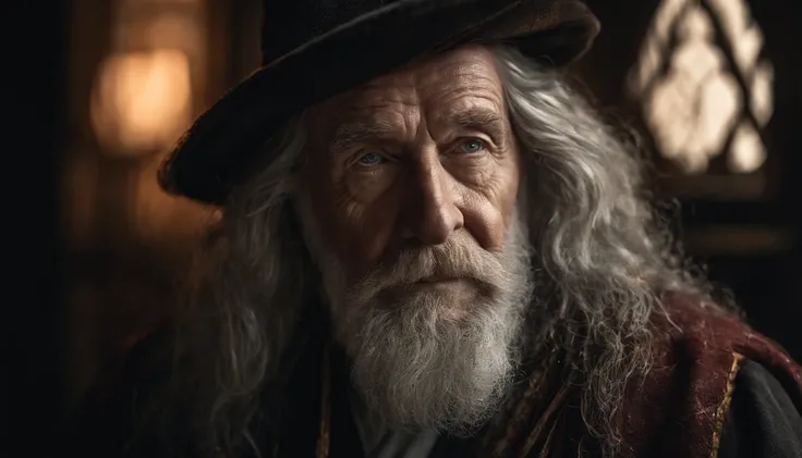 A portrait of a wizard, bearded, wrinkled, weathered, with piercing eyes, detailed face, high details, photography, dark studio, rim light, Nikon D850, 50mm, f/1.4